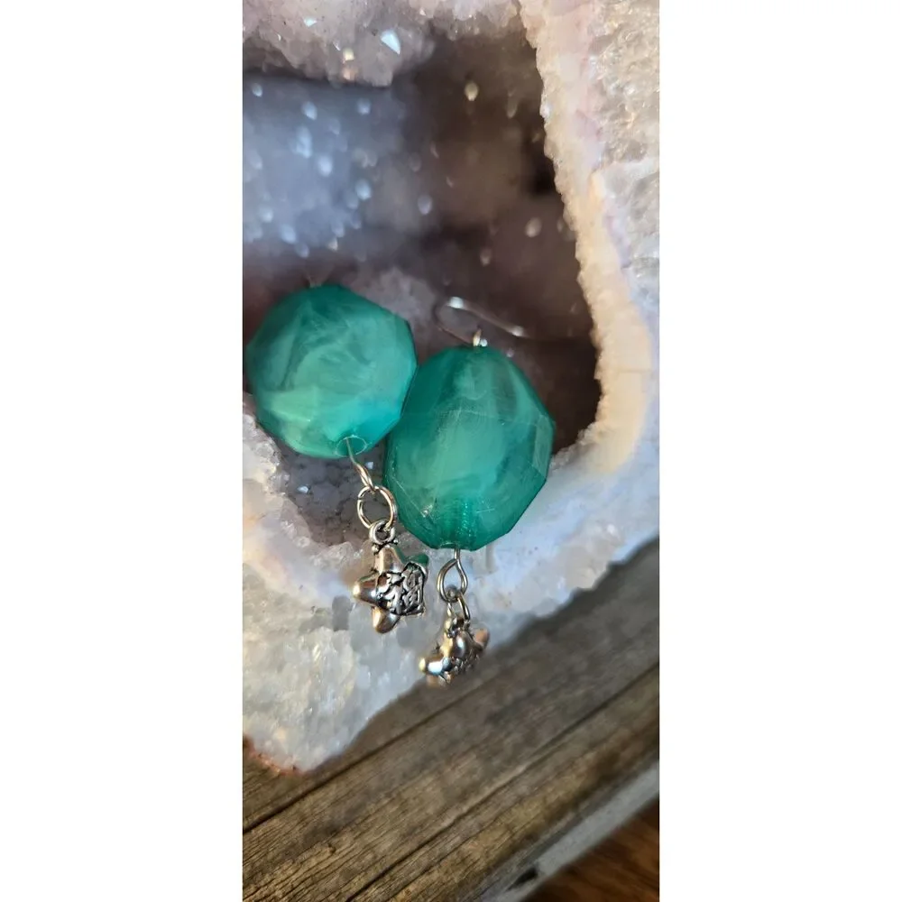 Recycled Aqua Acrylic Bead Dangle Earrings with Silver Tone Chinese Symbol